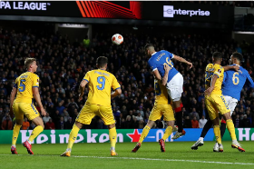  Balogun celebrates his first goal in Rangers colours but goes off injured in win vs Brondby 